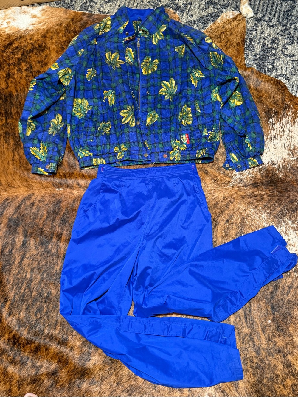 Vtg 90s Sunice Golf Rain Suit Tracksuit Blue Green Plaid Leaf Jacket Pants Large